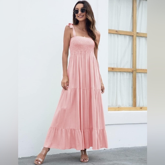 Pink Midi Tiered Dress Shoulder Ties Flowy Bohemian Smocked Tie Maxi Vacation - Picture 2 of 9